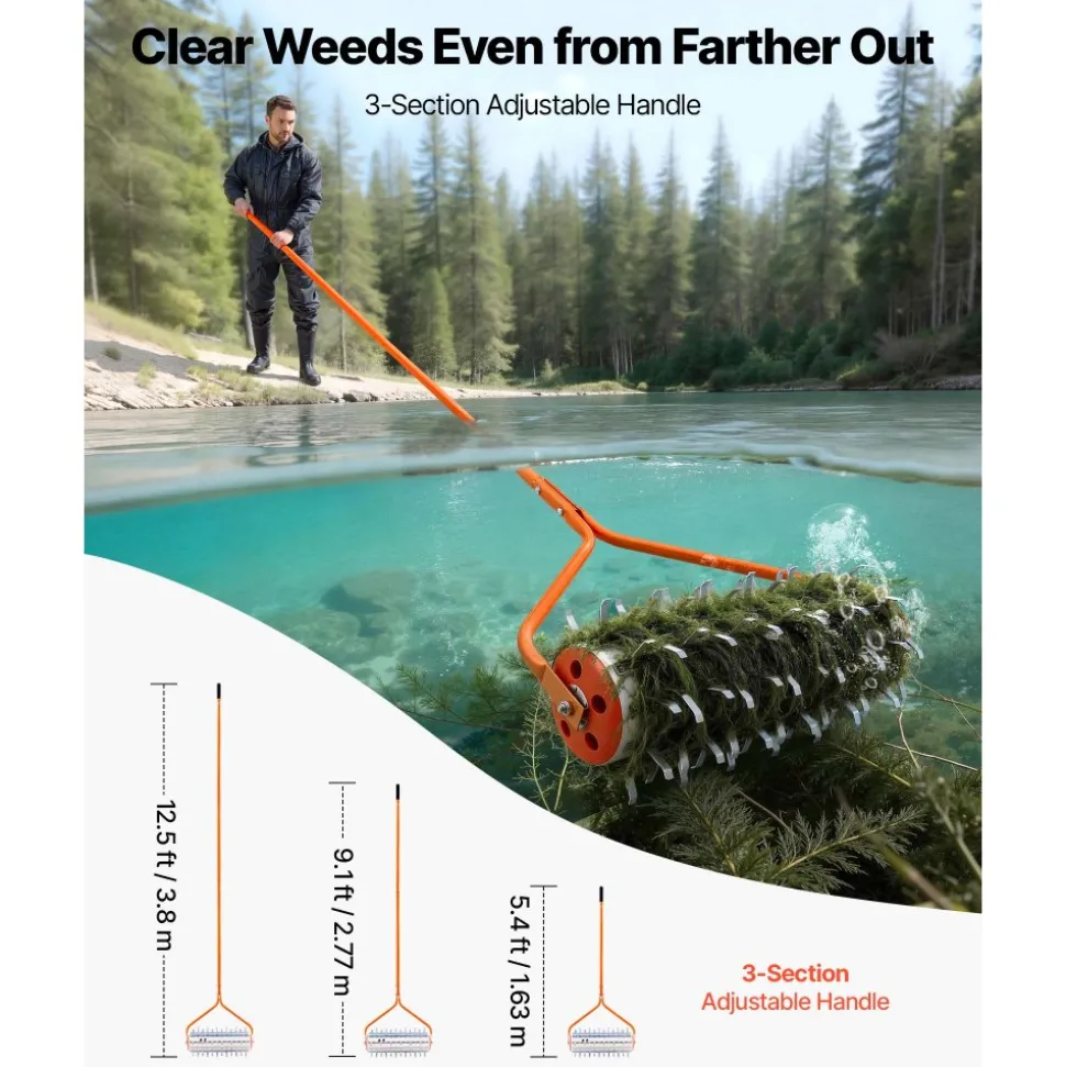 VEVOR Lake Weed Roller, 12 ft Lake & Pond Weed Removal Tool, Muck Razer Aquatic & Sludge Tiller, Rid Roots and Muck Buildup, 9 Preassembled Galvanized Iron Blades, 3 Aluminum Handles, Easy Assembly