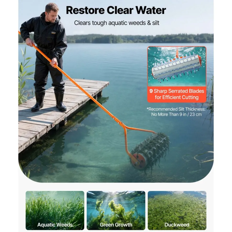 VEVOR Lake Weed Roller, 12 ft Lake & Pond Weed Removal Tool, Muck Razer Aquatic & Sludge Tiller, Rid Roots and Muck Buildup, 9 Preassembled Galvanized Iron Blades, 3 Aluminum Handles, Easy Assembly