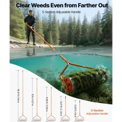 VEVOR Lake Weed Roller, 18 ft Lake & Pond Weed Removal Tool, Muck Razer Aquatic & Sludge Tiller, Rid Roots and Muck Buildup, 6 Preassembled Stainless Steel Blades, 5 Aluminum Handles, Easy Assembly