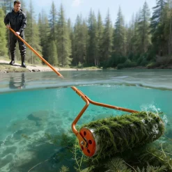 VEVOR Lake Weed Roller, 18 ft Lake & Pond Weed Removal Tool, Muck Razer Aquatic & Sludge Tiller, Rid Roots and Muck Buildup, 6 Preassembled Stainless Steel Blades, 5 Aluminum Handles, Easy Assembly
