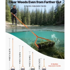 VEVOR Lake Weed Roller, 14.1 ft Stainless Steel Lake & Pond Weed Removal Tool, Muck Razer Aquatic & Sludge Tiller, Rid Roots and Muck Buildup, 6 Preassembled Stainless Steel Blades, 4 Aluminum Handles