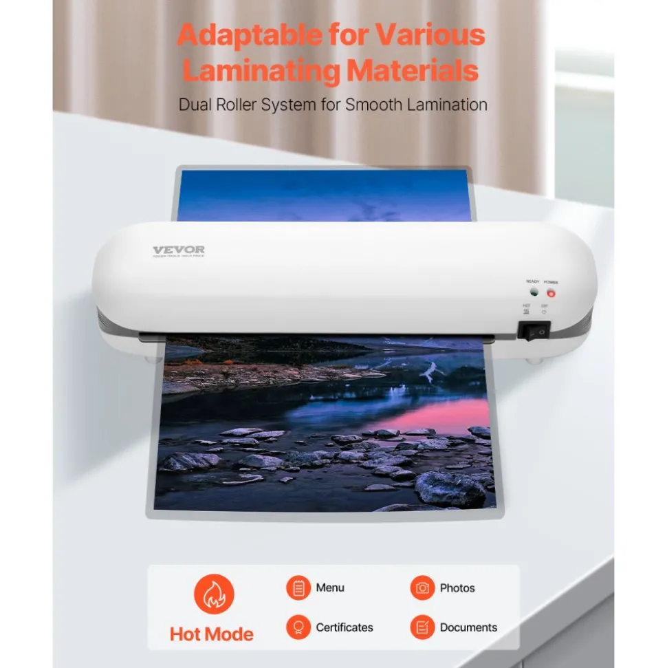 VEVOR Laminator Machine, Thermal Laminator for Max A4 Paper Size, 3-4 min Quick Warm Portable Laminator, 3-5 mil Thickness, Ideal for Home, Office, Business, or School Supplies, White + Grey