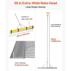 VEVOR Landscape Rake, 36 inch Wide Head 133 inch Handle, Large Heavy Duty Aluminum Landscaping Leaf Rake Tool, Asphalt Level for Loosening Soil, Garden & Yard, Pond Gravel & Beach Lawn Care, 52ft Rope