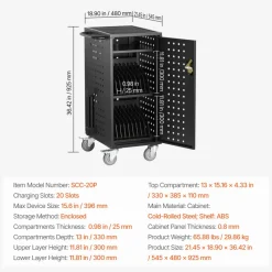 VEVOR Laptop Cart, 20 Device Mobile Charging Cart, Up to 15.6 in Screen Size, Office and Classroom Mobile Charging Cart, for Chromebook, Tablet and Laptop