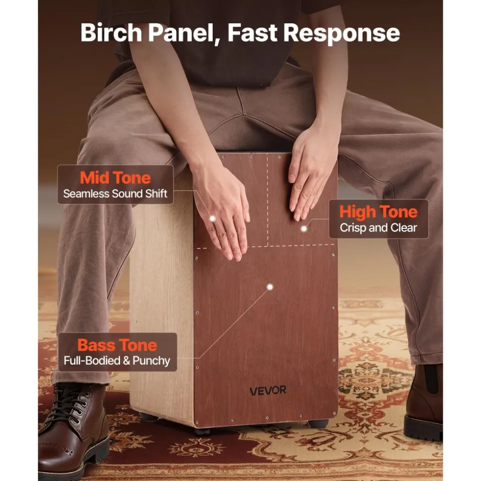 VEVOR Large Cajon Box Drum Wooden Birchwood Percussion Instrument with Snare Wires