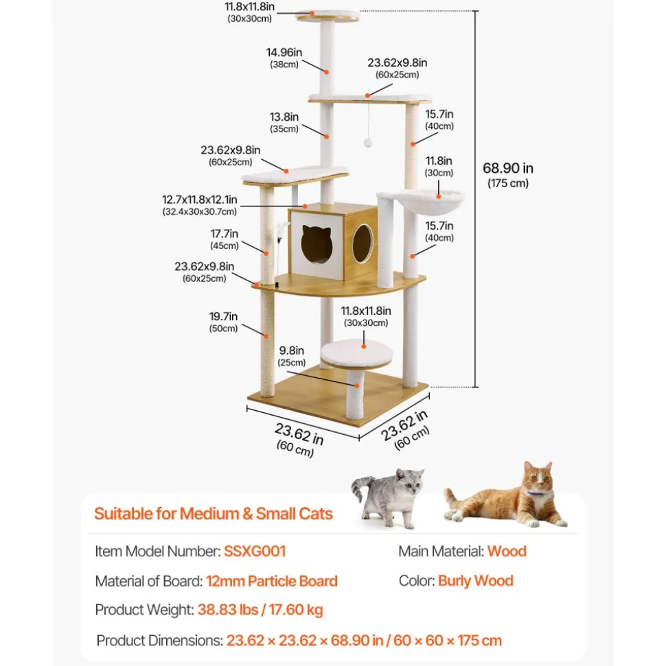 VEVOR Large Cat Tree, 68.9 inches Tall, Cat Tower, Multi-level Cat Condo Furniture Activity Center with Cozy Perches, Sisal Scratching Posts, Hammock, Big Kittens House for Indoor Cats Play & Rest