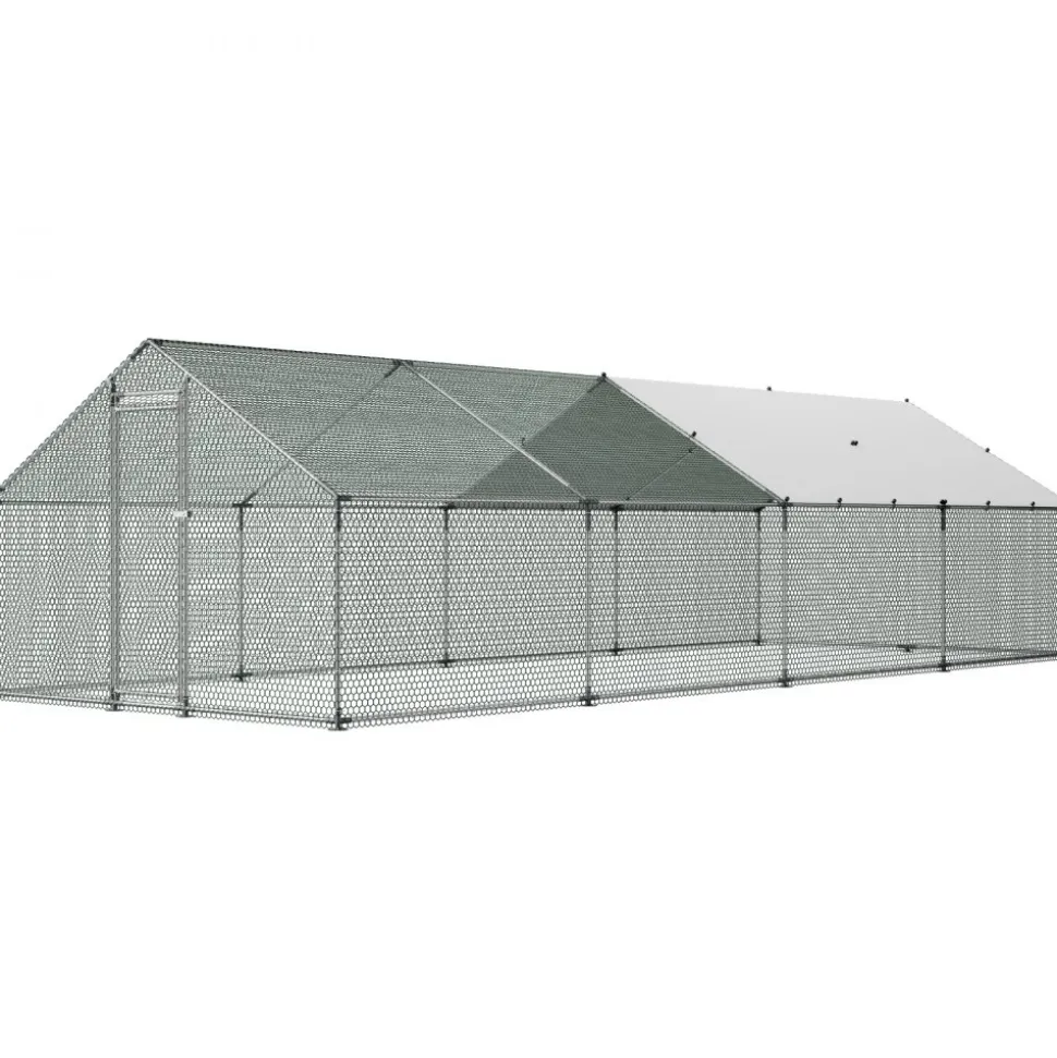 VEVOR Large Metal Chicken Coop, 9.8 x 26.2 x 6.6 ft, Walk-in Chicken Runs with Waterproof Cover, Spire Roof Hen House Enclosure with Lock, Outdoor Duck Rabbit Cage Poultry Pen for Backyard, Farm, Yard