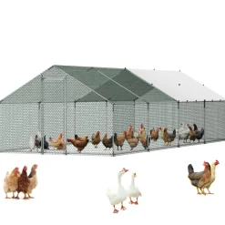 VEVOR Large Metal Chicken Coop, 9.8 x 26.2 x 6.6 ft, Walk-in Chicken Runs with Waterproof Cover, Spire Roof Hen House Enclosure with Lock, Outdoor Duck Rabbit Cage Poultry Pen for Backyard, Farm, Yard