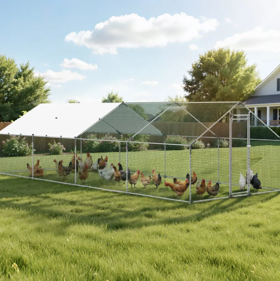 VEVOR Large Metal Chicken Coop, 9.8 x 26.2 x 6.6 ft, Walk-in Chicken Runs with Waterproof Cover, Spire Roof Hen House Enclosure with Lock, Outdoor Duck Rabbit Cage Poultry Pen for Backyard, Farm, Yard