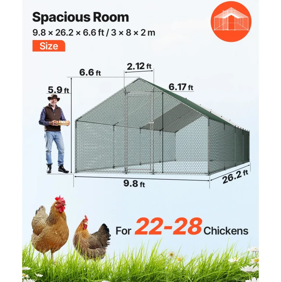 VEVOR Large Metal Chicken Coop, 9.8 x 26.2 x 6.6 ft, Walk-in Chicken Runs with Waterproof Cover, Spire Roof Hen House Enclosure with Lock, Outdoor Duck Rabbit Cage Poultry Pen for Backyard, Farm, Yard