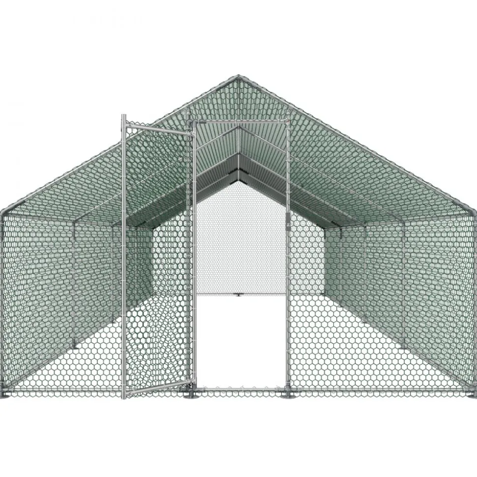 VEVOR Large Metal Chicken Coop, 9.8 x 26.2 x 6.6 ft, Walk-in Chicken Runs with Waterproof Cover, Spire Roof Hen House Enclosure with Lock, Outdoor Duck Rabbit Cage Poultry Pen for Backyard, Farm, Yard