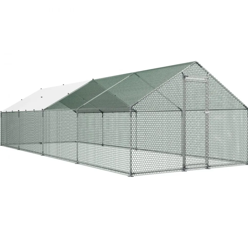 VEVOR Large Metal Chicken Coop, 9.8 x 26.2 x 6.6 ft, Walk-in Chicken Runs with Waterproof Cover, Spire Roof Hen House Enclosure with Lock, Outdoor Duck Rabbit Cage Poultry Pen for Backyard, Farm, Yard