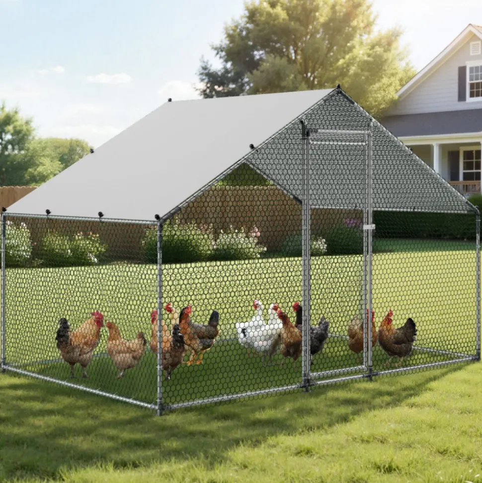 VEVOR Large Metal Chicken Coop 6.6x6.6x6.6 ft Walk-in Chicken Run House, Spire Roof Hen House Enclosure with Cover and Security Lock, Outdoor Duck Rabbit Cage Poultry Pen for Backyard, Farm, Yard