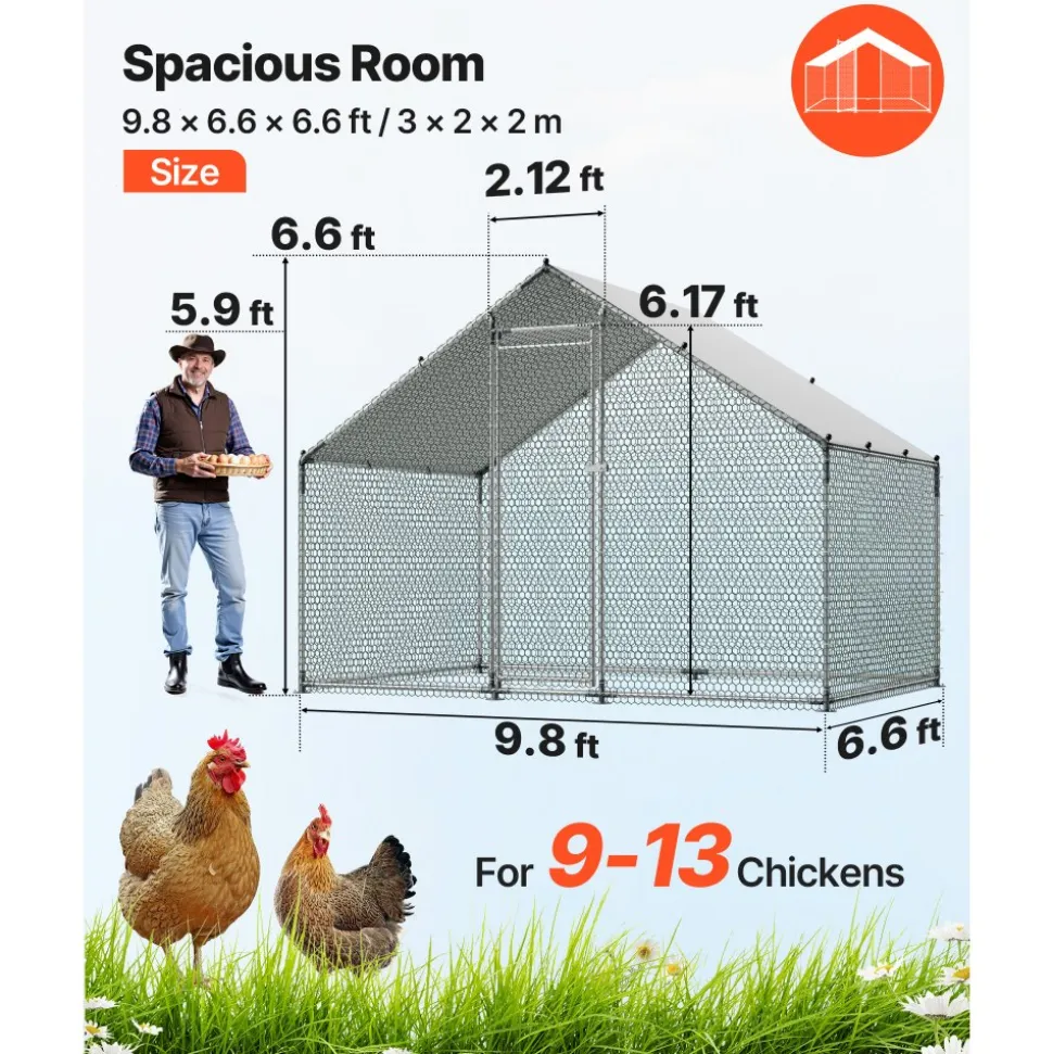 VEVOR Large Metal Chicken Coop 6.6x6.6x6.6 ft Walk-in Chicken Run House, Spire Roof Hen House Enclosure with Cover and Security Lock, Outdoor Duck Rabbit Cage Poultry Pen for Backyard, Farm, Yard