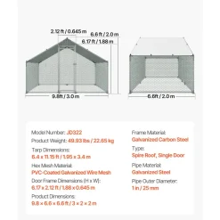 VEVOR Large Metal Chicken Coop 6.6x6.6x6.6 ft Walk-in Chicken Run House, Spire Roof Hen House Enclosure with Cover and Security Lock, Outdoor Duck Rabbit Cage Poultry Pen for Backyard, Farm, Yard