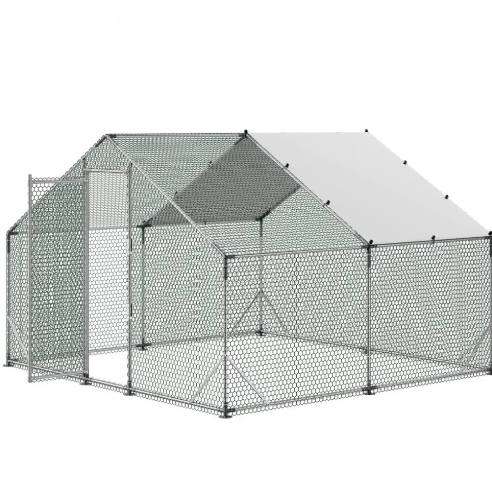 VEVOR Large Metal Chicken Coop 9.8x19.5x6.6 ft Walk-in Chicken Run House, Spire Roof Hen House Enclosure with Cover and Security Lock, Outdoor Duck Rabbit Cage Poultry Pen for Backyard, Farm, Yard