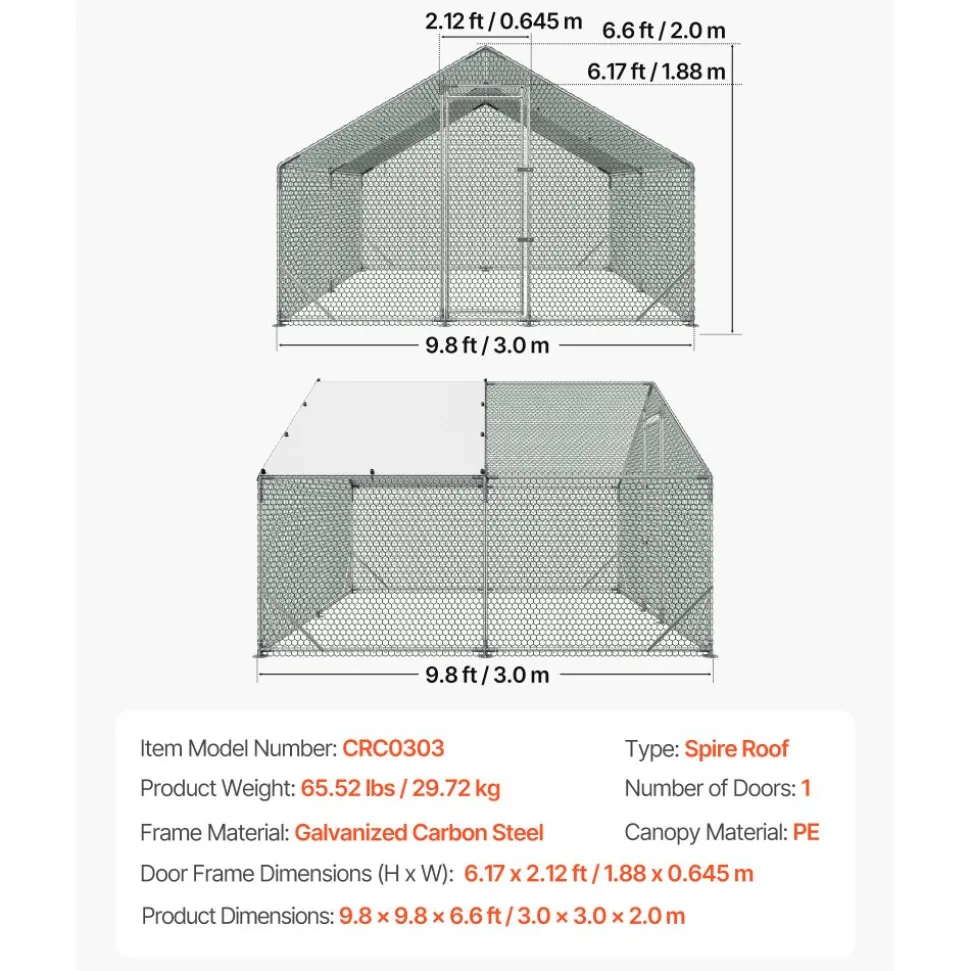 VEVOR Large Metal Chicken Coop 9.8x19.5x6.6 ft Walk-in Chicken Run House, Spire Roof Hen House Enclosure with Cover and Security Lock, Outdoor Duck Rabbit Cage Poultry Pen for Backyard, Farm, Yard