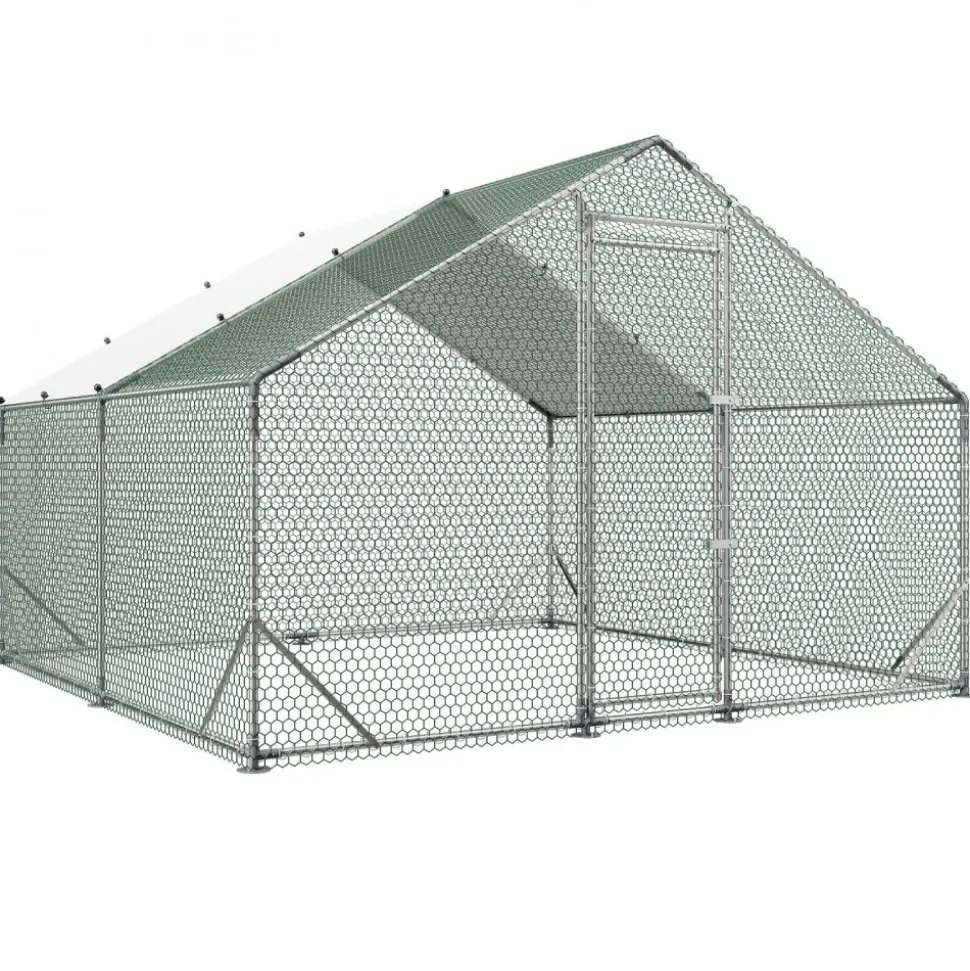 VEVOR Large Metal Chicken Coop 9.8x19.5x6.6 ft Walk-in Chicken Run House, Spire Roof Hen House Enclosure with Cover and Security Lock, Outdoor Duck Rabbit Cage Poultry Pen for Backyard, Farm, Yard