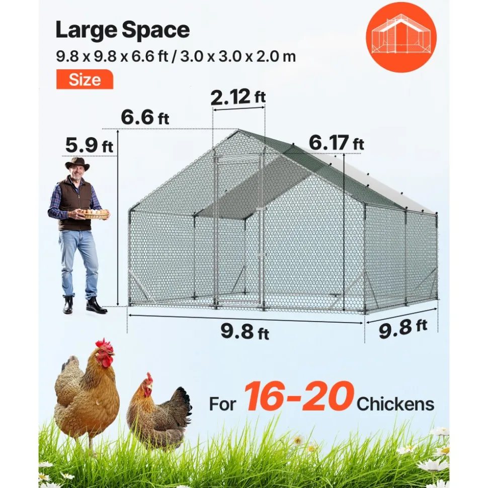 VEVOR Large Metal Chicken Coop 9.8x19.5x6.6 ft Walk-in Chicken Run House, Spire Roof Hen House Enclosure with Cover and Security Lock, Outdoor Duck Rabbit Cage Poultry Pen for Backyard, Farm, Yard