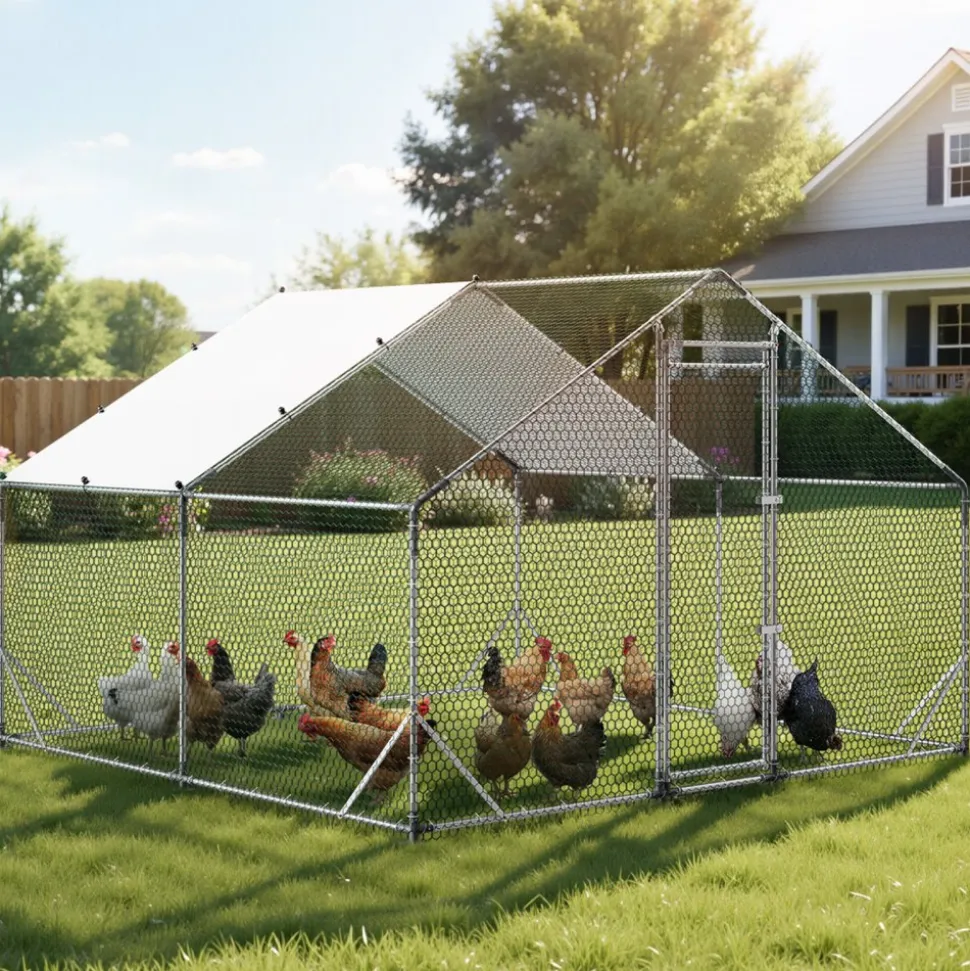 VEVOR Large Metal Chicken Coop 9.8x19.5x6.6 ft Walk-in Chicken Run House, Spire Roof Hen House Enclosure with Cover and Security Lock, Outdoor Duck Rabbit Cage Poultry Pen for Backyard, Farm, Yard