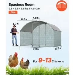 VEVOR Large Metal Chicken Coop 9.8x6.6x6.6 ft Walk-in Chicken Run House, Doom Roof Hen House Enclosure with Cover and Security Lock, Outdoor Duck Rabbit Cage Poultry Pen for Backyard, Farm, Yard Use