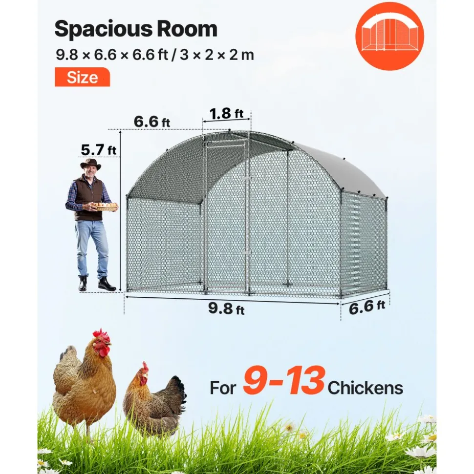 VEVOR Large Metal Chicken Coop 9.8x6.6x6.6 ft Walk-in Chicken Run House, Doom Roof Hen House Enclosure with Cover and Security Lock, Outdoor Duck Rabbit Cage Poultry Pen for Backyard, Farm, Yard Use