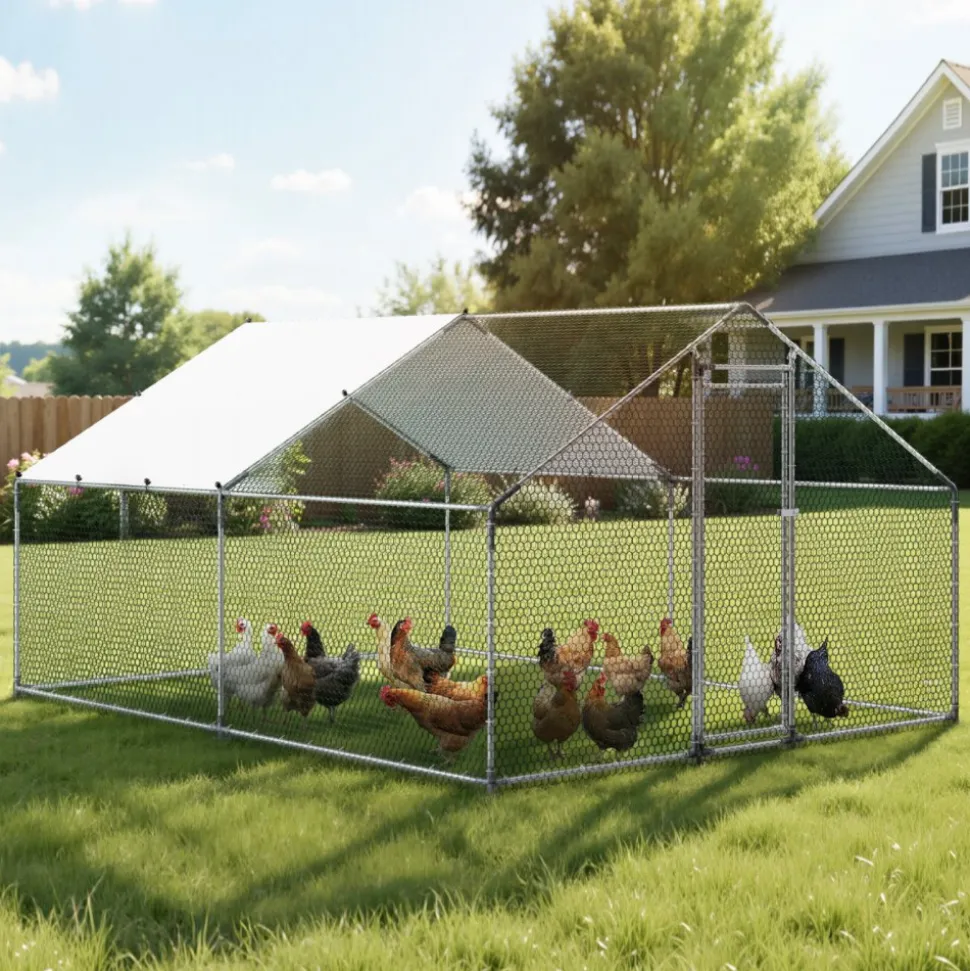 VEVOR Large Metal Chicken Coop, 9.8 x 13.1 x 6.6 ft, Walk-in Chicken Runs with Waterproof Cover, Spire Roof Hen House Enclosure with Lock, Outdoor Duck Rabbit Cage Poultry Pen for Backyard, Farm, Yard