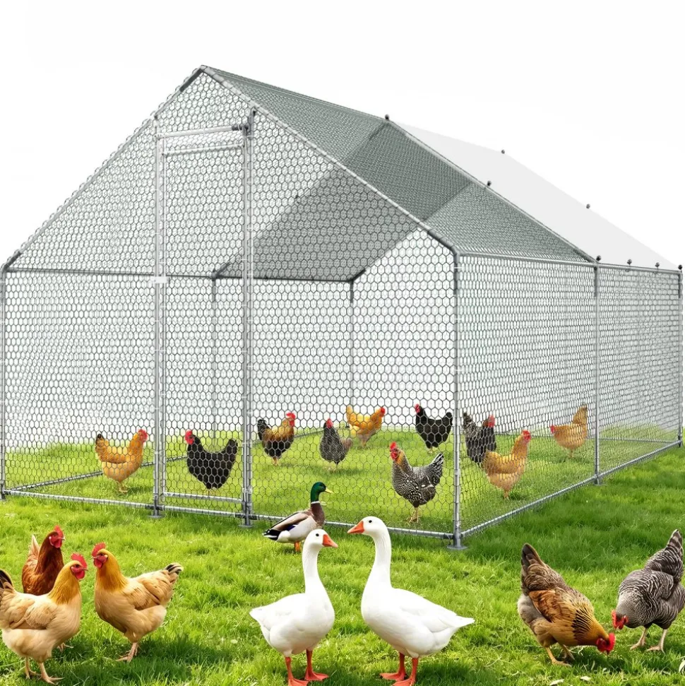 VEVOR Large Metal Chicken Coop, 9.8 x 13.1 x 6.6 ft, Walk-in Chicken Runs with Waterproof Cover, Spire Roof Hen House Enclosure with Lock, Outdoor Duck Rabbit Cage Poultry Pen for Backyard, Farm, Yard
