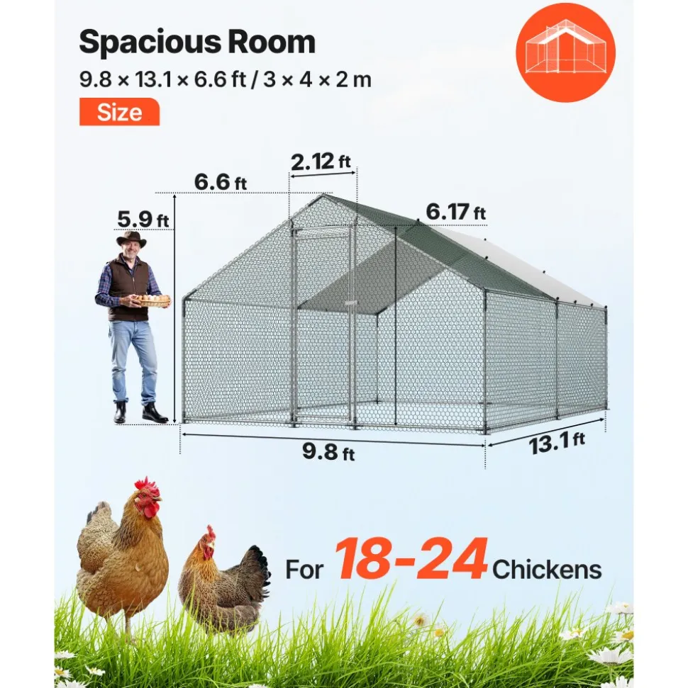 VEVOR Large Metal Chicken Coop, 9.8 x 13.1 x 6.6 ft, Walk-in Chicken Runs with Waterproof Cover, Spire Roof Hen House Enclosure with Lock, Outdoor Duck Rabbit Cage Poultry Pen for Backyard, Farm, Yard