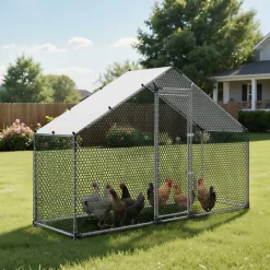 VEVOR Large Metal Chicken Coop,9.8 x 3.3 x 6.6 ft, Walk-in Chicken Run House with Waterproof Cover & Sturdy Frame, Spire Roof Poultry Cage Duck Pen for Rabbit Hen Goose Outdoor Backyard Farm Use