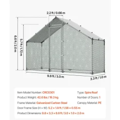 VEVOR Large Metal Chicken Coop,9.8 x 3.3 x 6.6 ft, Walk-in Chicken Run House with Waterproof Cover & Sturdy Frame, Spire Roof Poultry Cage Duck Pen for Rabbit Hen Goose Outdoor Backyard Farm Use