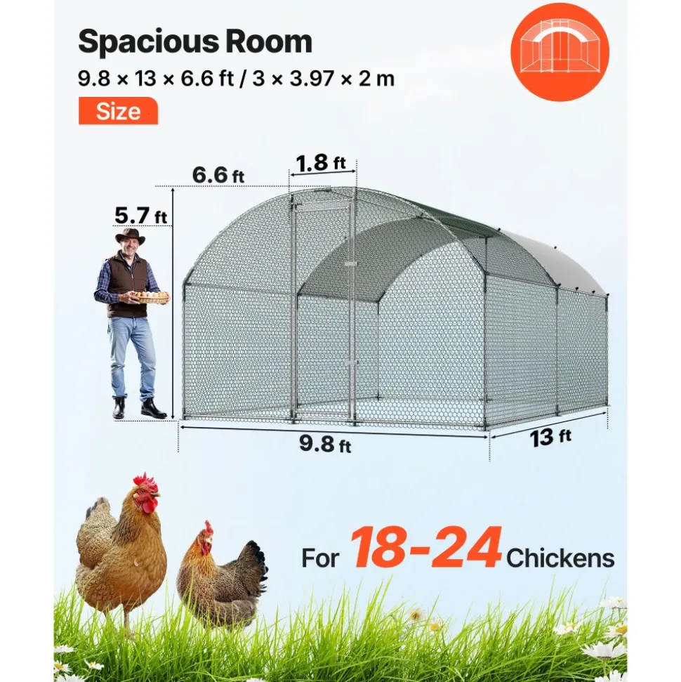 VEVOR Large Metal Chicken Coop 9.8x13x6.6 ft Walk-in Chicken Run House, Doom Roof Hen House Enclosure with Cover and Security Lock, Outdoor Duck Rabbit Cage Poultry Pen for Backyard, Farm, Yard Use
