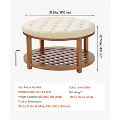 VEVOR Large Round Ottoman Coffee Table, 31.9 Inch Tufted Coffee Table with Solid Wood Shelf Storage, Linen Solid Upholstered Footrest Ottoman for Bedroom Living Room, 350 LBS, Linen Color