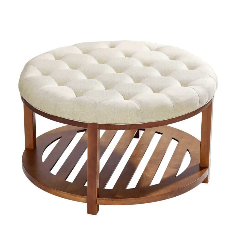 VEVOR Large Round Ottoman Coffee Table, 31.9 Inch Tufted Coffee Table with Solid Wood Shelf Storage, Linen Solid Upholstered Footrest Ottoman for Bedroom Living Room, 350 LBS, Linen Color