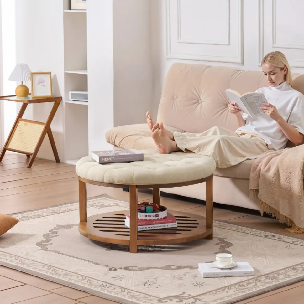 VEVOR Large Round Ottoman Coffee Table, 31.9 Inch Tufted Coffee Table with Solid Wood Shelf Storage, Linen Solid Upholstered Footrest Ottoman for Bedroom Living Room, 350 LBS, Linen Color