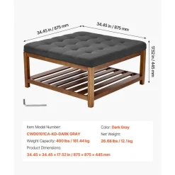 VEVOR Large Square Ottoman Coffee Table, 34.5 Inch Tufted Coffee Table with Solid Wood Shelf Storage, Linen Solid Upholstered Footrest Ottoman for Bedroom Living Room, 400 LBS, Dark Gray