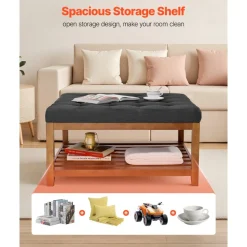 VEVOR Large Square Ottoman Coffee Table, 34.5 Inch Tufted Coffee Table with Solid Wood Shelf Storage, Linen Solid Upholstered Footrest Ottoman for Bedroom Living Room, 400 LBS, Dark Gray