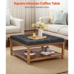 VEVOR Large Square Ottoman Coffee Table, 34.5 Inch Tufted Coffee Table with Solid Wood Shelf Storage, Linen Solid Upholstered Footrest Ottoman for Bedroom Living Room, 400 LBS, Dark Gray