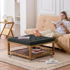 VEVOR Large Square Ottoman Coffee Table, 34.5 Inch Tufted Coffee Table with Solid Wood Shelf Storage, Linen Solid Upholstered Footrest Ottoman for Bedroom Living Room, 400 LBS, Dark Gray