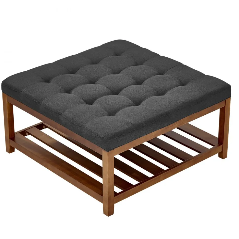 VEVOR Large Square Ottoman Coffee Table, 34.5 Inch Tufted Coffee Table with Solid Wood Shelf Storage, Linen Solid Upholstered Footrest Ottoman for Bedroom Living Room, 400 LBS, Dark Gray