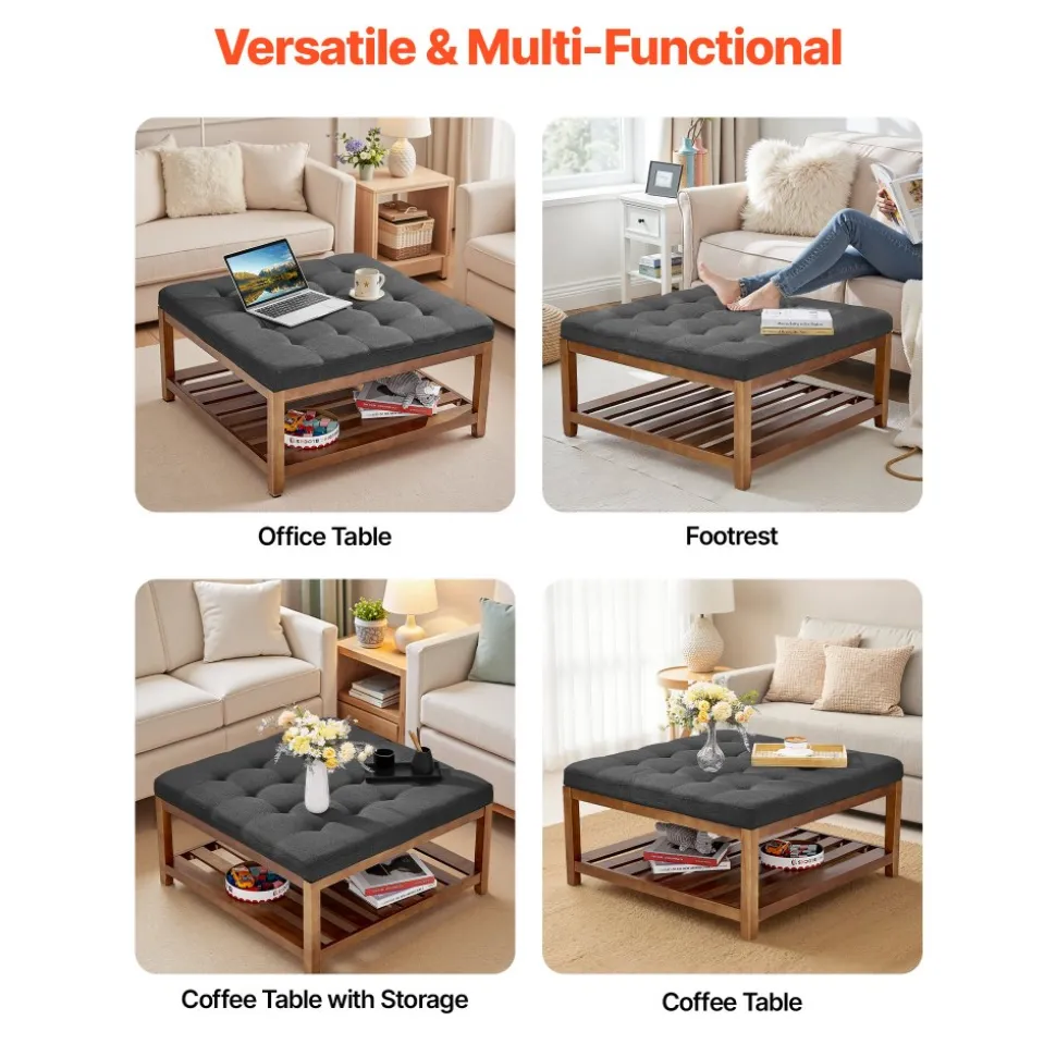 VEVOR Large Square Ottoman Coffee Table, 34.5 Inch Tufted Coffee Table with Solid Wood Shelf Storage, Linen Solid Upholstered Footrest Ottoman for Bedroom Living Room, 400 LBS, Dark Gray