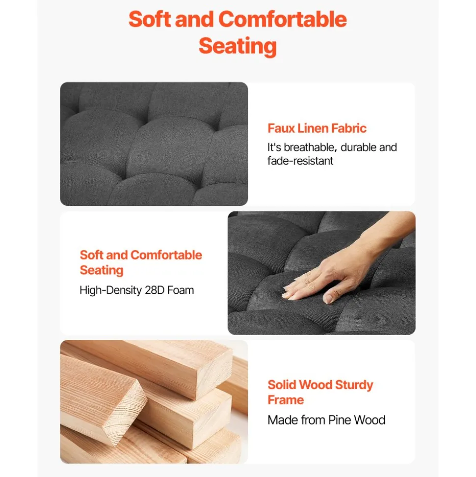 VEVOR Large Square Ottoman Coffee Table, 34.5 Inch Tufted Coffee Table with Solid Wood Shelf Storage, Linen Solid Upholstered Footrest Ottoman for Bedroom Living Room, 400 LBS, Dark Gray