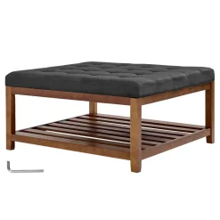 VEVOR Large Square Ottoman Coffee Table, 34.5 Inch Tufted Coffee Table with Solid Wood Shelf Storage, Linen Solid Upholstered Footrest Ottoman for Bedroom Living Room, 400 LBS, Dark Gray