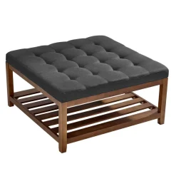 VEVOR Large Square Ottoman Coffee Table, 34.5 Inch Tufted Coffee Table with Solid Wood Shelf Storage, Linen Solid Upholstered Footrest Ottoman for Bedroom Living Room, 400 LBS, Dark Gray