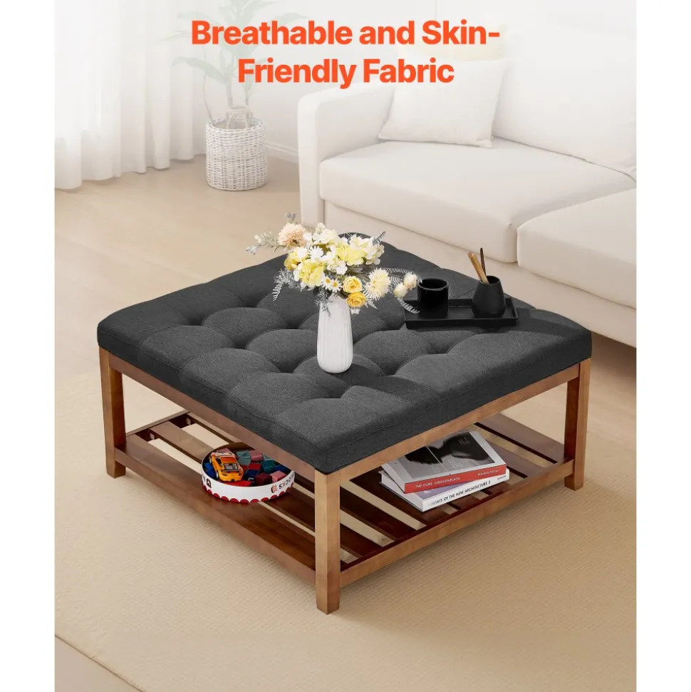 VEVOR Large Square Ottoman Coffee Table, 34.5 Inch Tufted Coffee Table with Solid Wood Shelf Storage, Linen Solid Upholstered Footrest Ottoman for Bedroom Living Room, 400 LBS, Dark Gray