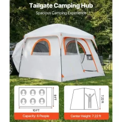 VEVOR Large SUV Tent for 6 Person, 10 x 9 FT 3-Season SUV Tailgate Tent with Ventilated Doors & Mesh Windows, PU2000mm Waterproof Dual-Use Car Rear Hatch Tents for Outdoor Camping Hiking
