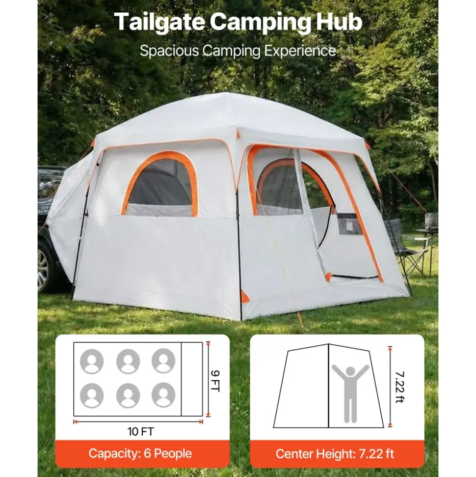VEVOR Large SUV Tent for 6 Person, 10 x 9 FT 3-Season SUV Tailgate Tent with Ventilated Doors & Mesh Windows, PU2000mm Waterproof Dual-Use Car Rear Hatch Tents for Outdoor Camping Hiking