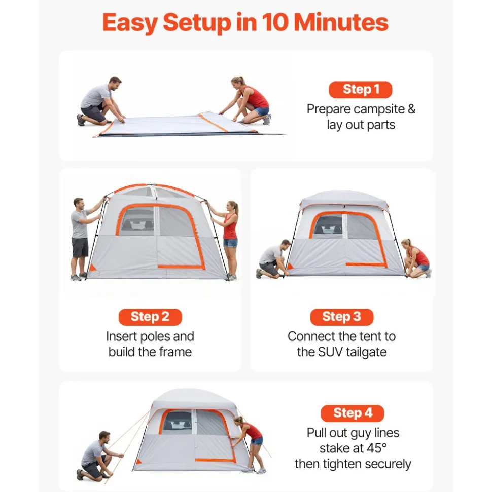 VEVOR Large SUV Tent for 6 Person, 10 x 9 FT 3-Season SUV Tailgate Tent with Ventilated Doors & Mesh Windows, PU2000mm Waterproof Dual-Use Car Rear Hatch Tents for Outdoor Camping Hiking