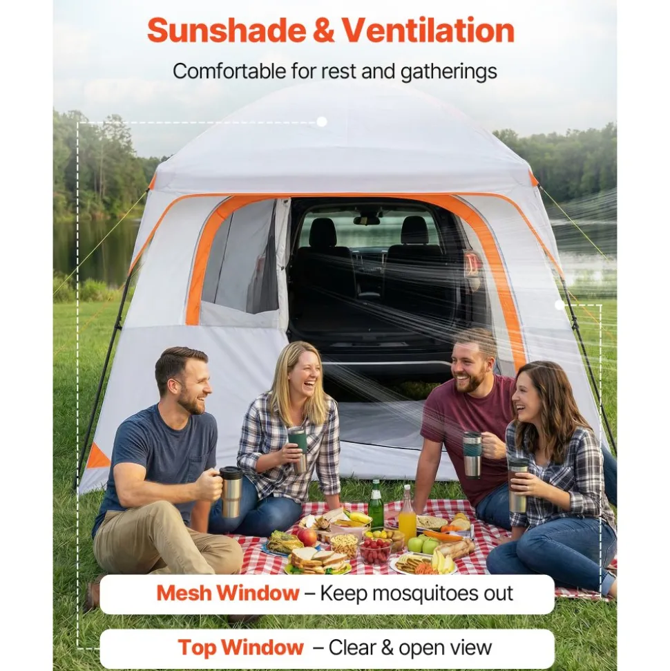 VEVOR Large SUV Tent for 6 Person, 10 x 9 FT 3-Season SUV Tailgate Tent with Ventilated Doors & Mesh Windows, PU2000mm Waterproof Dual-Use Car Rear Hatch Tents for Outdoor Camping Hiking