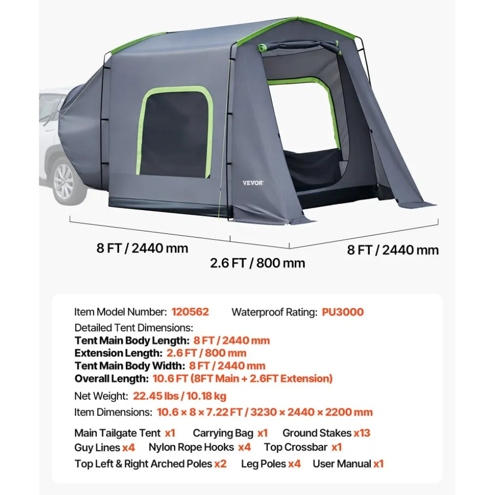 VEVOR Large SUV Tent for 5–9 Person, 10.6 x 8 FT All-Season SUV Tailgate Tent with Ventilated Door & Mesh Windows, PU3000mm Waterproof Dual-Use Car Rear Hatch Tents for Outdoor Camping Hiking